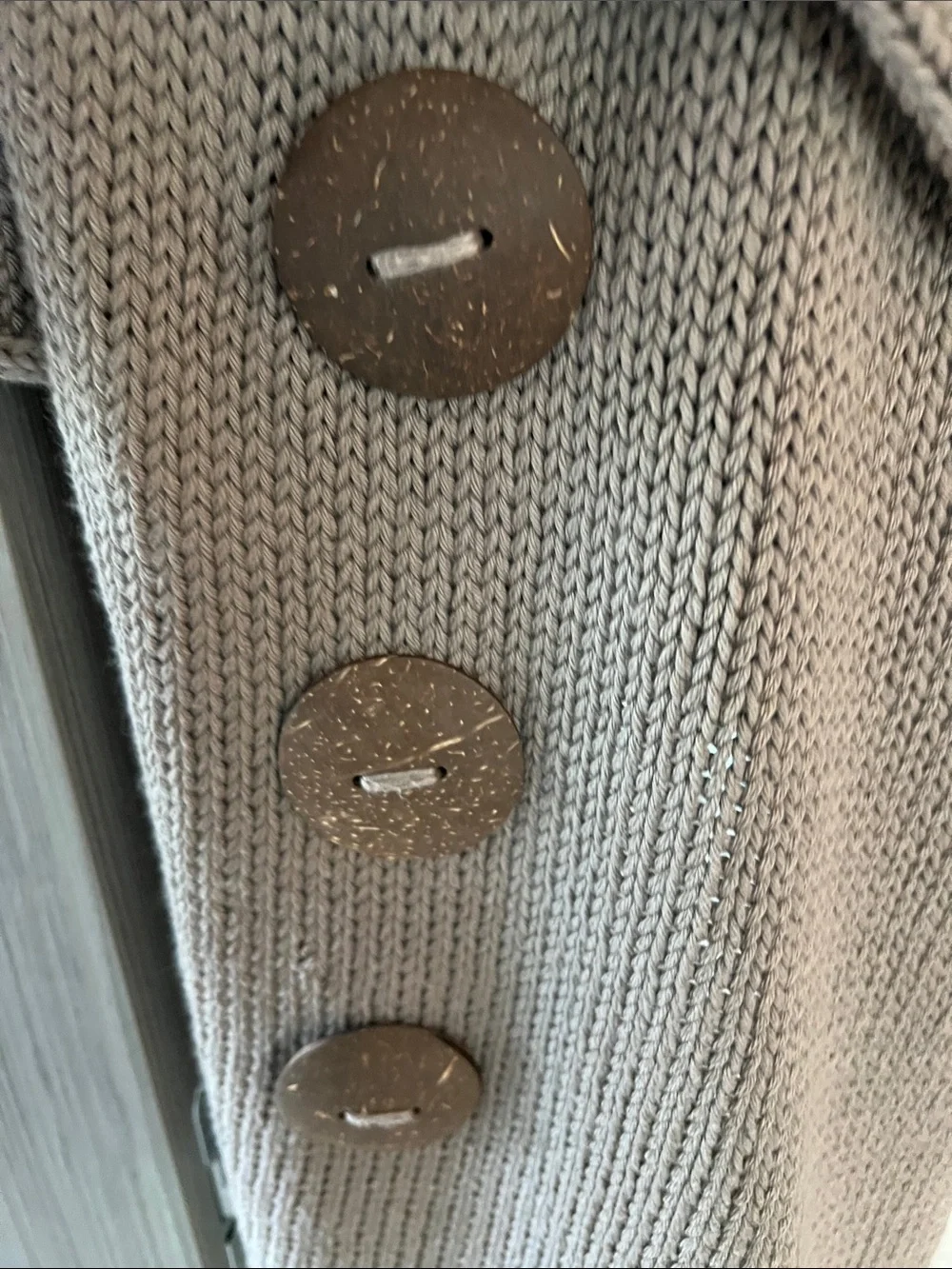 PURE HANDKNIT OS scarf taupe w/ coconut shell buttons 100% cotton